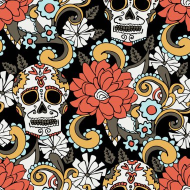Siyah arka planda kafatasları ve çiçekleri olan kusursuz vektör deseni. Karnaval duvar kağıdı tasarımıyla meşgul. Dekoratif Meksika moda tekstili.