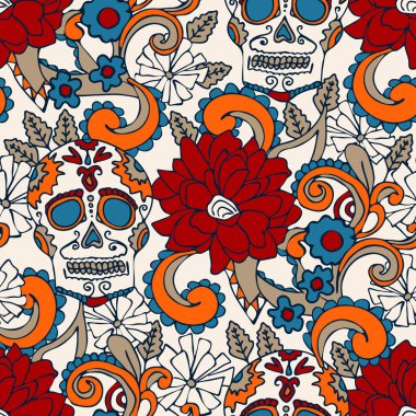 Beyaz arka planda çiçek kafatası olan kusursuz vektör deseni. Meşgul Meksika çiçek duvar kağıdı tasarımı. Dekoratif Cadılar Bayramı moda tekstili.
