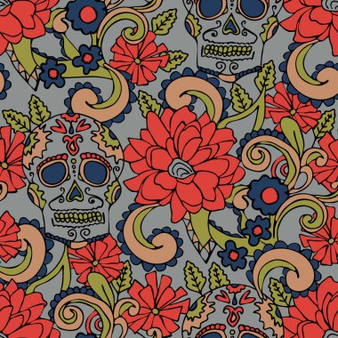 Gri arka planda çiçek kafatası olan kusursuz vektör deseni. Meşgul Meksika çiçek duvar kağıdı tasarımı. Dekoratif Gotik moda tekstili.