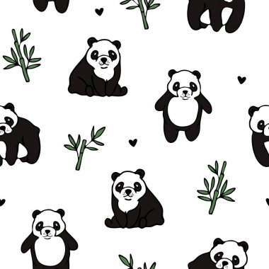 Beyaz arka planda sevimli panda olan kusursuz vektör deseni. Çocuklar için basit bir oyuncak ayı duvar kağıdı tasarımı. Dekoratif hayvan modası tekstili.