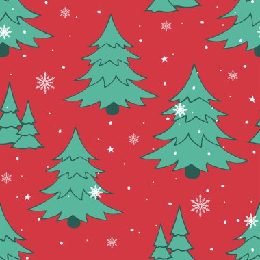 Kırmızı arka planda Noel ağacı olan kusursuz vektör deseni. Basit bir kış ormanı duvar kağıdı tasarımı. Dekoratif mevsimlik moda tekstili.