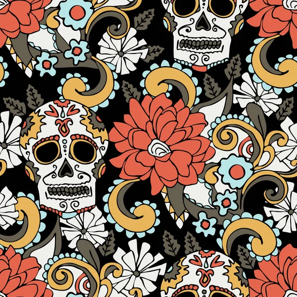 Siyah arka planda kafatasları ve çiçekleri olan kusursuz vektör deseni. Karnaval duvar kağıdı tasarımıyla meşgul. Dekoratif Meksika moda tekstili.