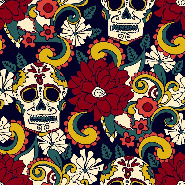 Bezproblémový Vektorový Vzor Květinovou Lebkou Tmavomodrém Pozadí Mexiko Halloween Tapety — Stockový vektor