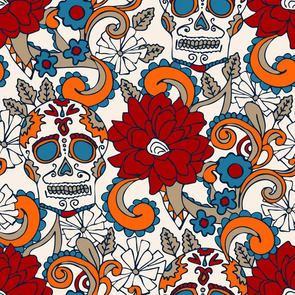 Beyaz arka planda çiçek kafatası olan kusursuz vektör deseni. Meşgul Meksika çiçek duvar kağıdı tasarımı. Dekoratif Cadılar Bayramı moda tekstili.