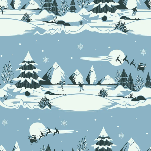 Bezproblémový Vektorový Vzor Zimní Krajinou Modrém Pozadí Vánoční Magie Tapety — Stockový vektor