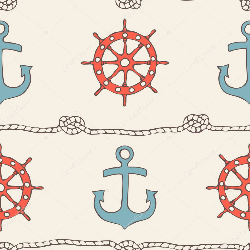 Seamless vector pattern with anchor and ship wheel on light yellow background. Simple nautical wallpaper design. Decorative marine fashion textile.