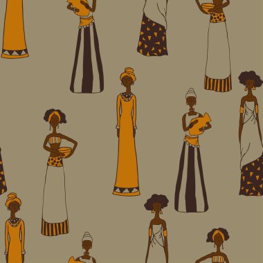 Gri arka planda güzel kadınlar olan kusursuz vektör deseni. Afrika kabilesi duvar kağıdı tasarımı. Dekoratif kadın moda tekstili.