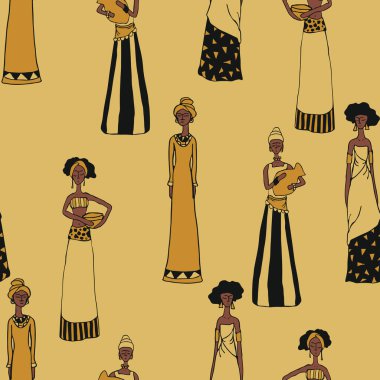 Açık sarı arka planda güzel kadınlar olan kusursuz bir vektör deseni. İnsanlar duvar kâğıdı tasarımı için sıraya giriyor. Afrika kadın moda tekstili.