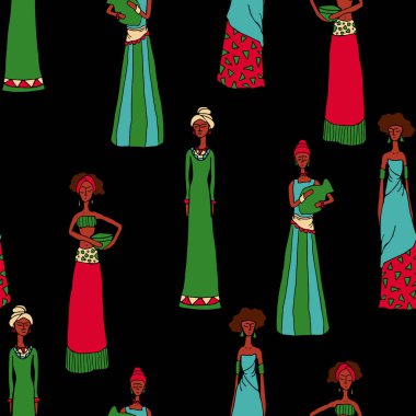Siyah arka planda güzel kadınlar olan kusursuz bir vektör deseni. Afrika kadın duvar kağıdı tasarımı. İnsanlarla canlı renkli tekstil.