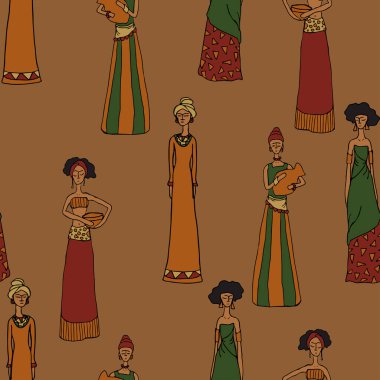 Kahverengi arka planda güzel Afrikalı insanlar olan kusursuz bir vektör deseni. Basit bir etnik kadın duvar kağıdı tasarımı. Kadın kabilesi moda tekstili.