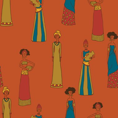 Turuncu arka planda Afrikalı kadınlar olan kusursuz vektör deseni. Kadın kabilesiyle basit dekoratif duvar kağıdı tasarımı. Doğal kültür moda tekstili.