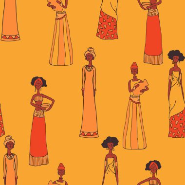 Parlak sarı arka planda güzel kadınlar olan kusursuz bir vektör deseni. Afrika kabilesi duvar kağıdı tasarımı. Dekoratif insanlar tekstil.