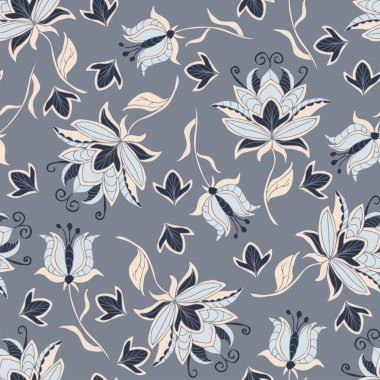 Mavi arka planda kış çiçekleri olan kusursuz vektör deseni. Basit bir zambak duvar kağıdı tasarımı. Dekoratif eski moda tekstil.
