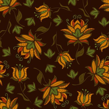 Kahverengi arka planda tropik çiçekli kusursuz vektör deseni. Klasik çiçek desenli duvar kağıdı tasarımı. Nakış işi moda tekstil.