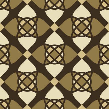 Kahverengi arka planda mozaik desenli kusursuz vektör deseni. Basit ızgara sembolü duvar kağıdı tasarımı. Dekoratif modern moda tekstili.