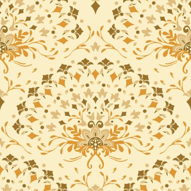 Açık sarı arka planda romantik çiçek yelpazesi olan kusursuz bir vektör deseni. Dekoratif altın renkli duvar kağıdı tasarımı. Damask moda tekstili.
