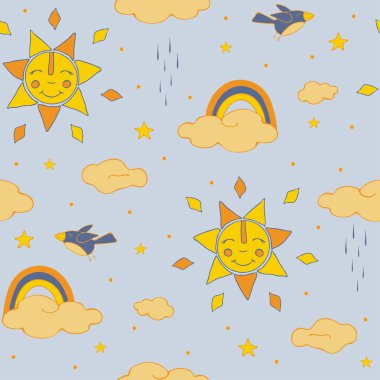 Elle çizilmiş güneş ve mavi arka planda bulutlar olan kusursuz vektör deseni. Çocuklar için basit bir gökyüzü duvar kağıdı tasarımı. Bebek için yaz havası tekstili.