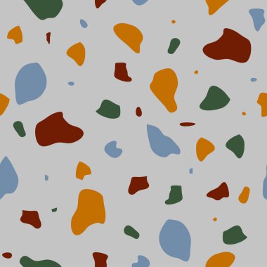 Gri arkaplanda mozaik kıvrımlı kusursuz vektör deseni. Artistik terrazzo duvar kağıdı tasarımı. Dekoratif çakıl taşı moda tekstili.