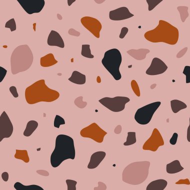 Pembe arka planda terrazzo desenli kusursuz vektör deseni. Basit sanatsal mozaik ızgara duvar kağıdı tasarımı. Dekoratif moda tekstili.