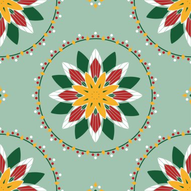 Yeşil arka planda noel çiçeği olan kusursuz vektör deseni. Çiçekli daire duvar kâğıdı tasarımı. Dekoratif çelenk moda tekstili.