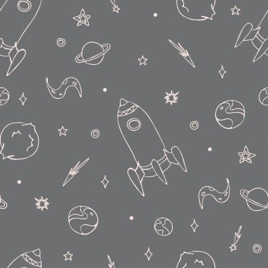 Gri arkaplanda çizilmiş uzay gemisi olan kusursuz vektör deseni. Çocuklar için dekoratif duvar kağıdı tasarımı. El çizimi galaksi moda tekstili.