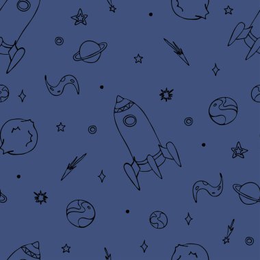 Elle çizilmiş roket ve mavi arka planda gezegenler olan kusursuz vektör deseni. Çocuklar için eğlenceli galaksi çizimi duvar kağıdı tasarımı. Dekoratif gece gökyüzü moda tekstili.
