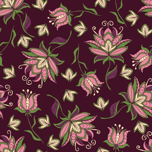 Nahtloses Vektormuster Mit Rosa Blüten Auf Violettem Hintergrund Schöne Stickerei — Stockvektor