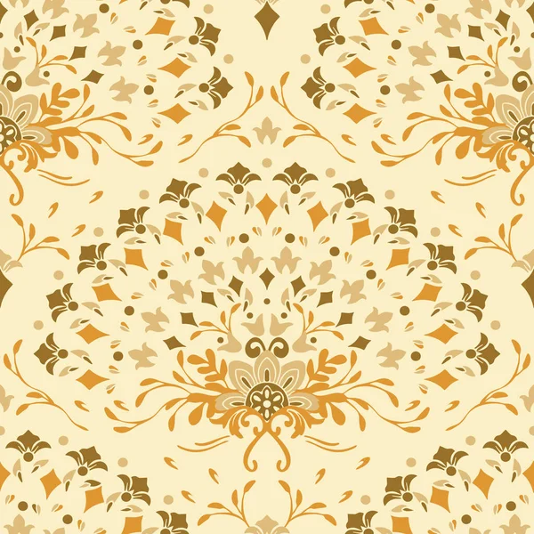Açık sarı arka planda romantik çiçek yelpazesi olan kusursuz bir vektör deseni. Dekoratif altın renkli duvar kağıdı tasarımı. Damask moda tekstili.