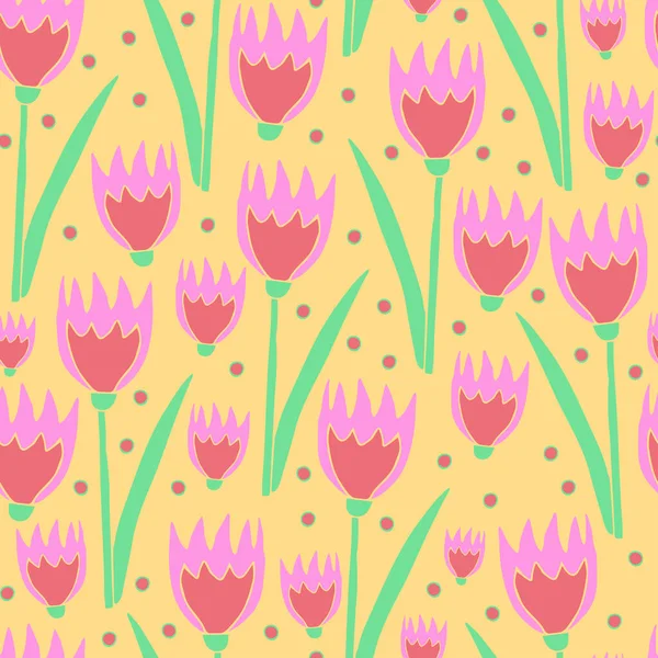Nahtloses Vektormuster Mit Rosa Tulpen Auf Gelbem Hintergrund Schöne Romantische — Stockvektor