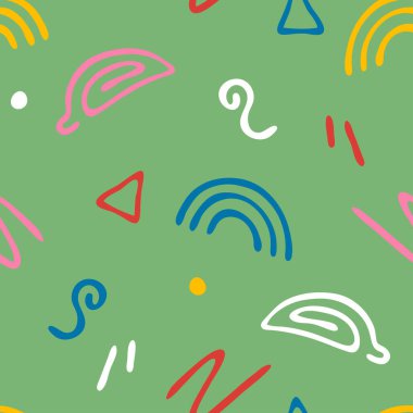 Yeşil arka planda eğlenceli renkli şekilleri olan kusursuz vektör deseni. Basit, mutlu bir duvar kağıdı tasarımı. Dekoratif karalama moda tekstili.