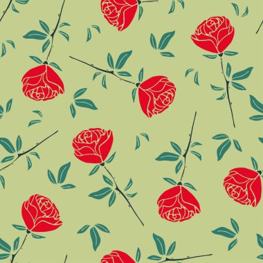 Yeşil arka planda kırmızı güller olan kusursuz vektör deseni. Basit romantik klasik çiçek desenli duvar kağıdı tasarımı. Dekoratif sevgililer günü moda tekstili.
