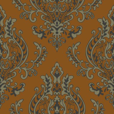 Kahverengi arka planda çiçek açan kusursuz vektör deseni. Çiçekli Victoria tarzı duvar kağıdı tasarımı. Dekoratif barok moda tekstili.