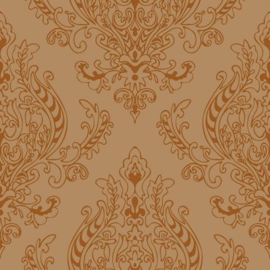 Kahverengi zemin üzerinde arabesk duvar kağıdı olan kusursuz vektör deseni. Viktorya dönemi kraliyet desenli tasarımı. Dekoratif çiçek moda tekstili.