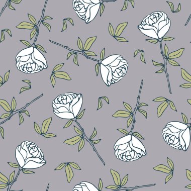Gri arka planda beyaz güller olan kusursuz vektör deseni. Romantik klasik çiçek desenli duvar kâğıdı tasarımı. Dekoratif Viktorya tarzı tekstil.