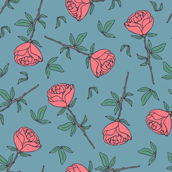 Patrón Vectorial Sin Costuras Con Rosas Rosadas Sobre Fondo Azul — Archivo Imágenes Vectoriales