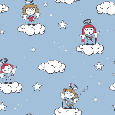 Mavi arka planda çizgi film melekleri olan kusursuz vektör deseni. Basit bir gökyüzü duvar kağıdı tasarımı. Dekoratif bebek modası tekstili.