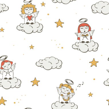 Beyaz arka planda şarkı söyleyen meleklerle kusursuz vektör deseni. Basit bir el çizimi cennet duvar kağıdı tasarımı. Dekoratif cennet moda tekstili.