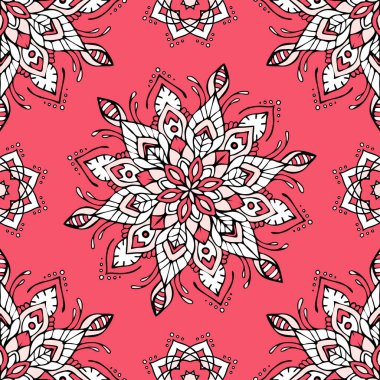 Pembe arka planda mandala çiçeği resmi olan kusursuz vektör deseni. Sakin bir zen kabilesi duvar kağıdı tasarımı. Dekoratif gevşeme yoga moda tekstili.