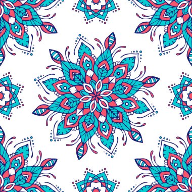 Beyaz arka planda mandala tarzı çiçekli kusursuz vektör deseni. Basit çiçek desenli duvar kağıdı tasarımı. Dekoratif kabile moda tekstili.