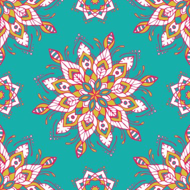 Mavi arkaplanda mandala çiçek çemberi olan kusursuz vektör deseni. Basit çiçek desenli duvar kağıdı tasarımı. Dekoratif kabile moda tekstili.