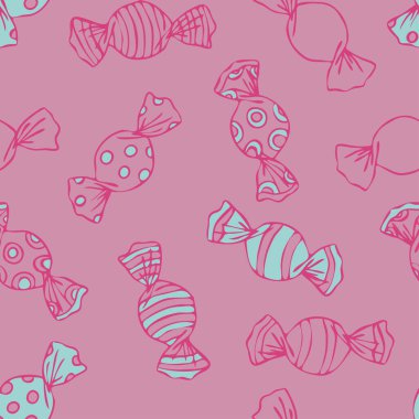 Pembe arka planda şeker ambalajlı kusursuz vektör deseni. Basit bir el çizimi, tatlı yemek duvar kağıdı tasarımı. Dekoratif parti eğlenceli moda tekstili.