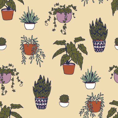 Sarı arka planda ev bitkileri olan kusursuz vektör deseni. Basit bir iç mekan bitki duvar kağıdı tasarımı. Dekoratif çiçek saksısı moda tekstili.