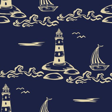 Mavi arka planda deniz feneri ve tekne olan kusursuz vektör deseni. Basit bir el çizimi duvar kağıdı tasarımı. Dekoratif deniz moda tekstili.