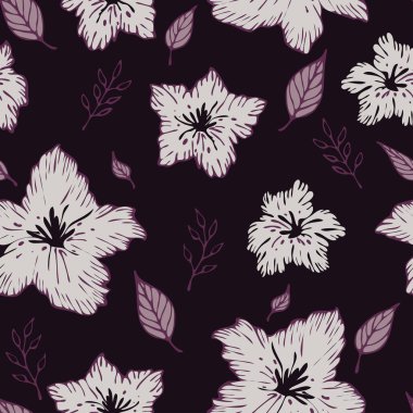 Pembe arka planda beyaz zambaklı kusursuz vektör deseni. Basit, romantik çiçek açan duvar kağıdı tasarımı. Dekoratif çiçek moda tekstili.