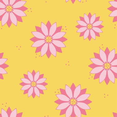 Sarı arka planda pembe çiçekli kusursuz vektör deseni. Basit bir papatya duvar kağıdı tasarımı. Dekoratif çiçek moda tekstili.