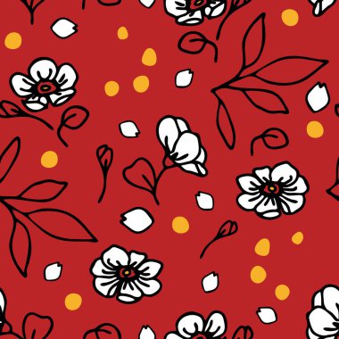 Parlak kırmızı arka planda boho çiçekli kusursuz vektör deseni. Basit bir çiçek desenli duvar kağıdı tasarımı. Dekoratif yaz çiçekleri moda tekstili.