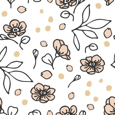 Beyaz arka planda romantik çiçekli kusursuz vektör deseni. Basit bir çiçek duvar kağıdı tasarımı. Dekoratif çiçek moda tekstili.