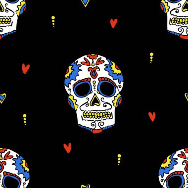 Siyah arka planda sanatsal kafatası olan kusursuz vektör deseni. El çizimi Meksika geleneği duvar kağıdı tasarımı. Dekoratif Cadılar Bayramı moda tekstili.