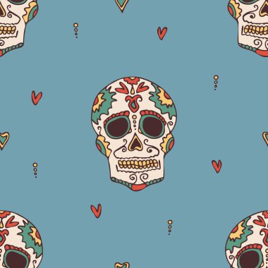 Mavi arka planda geleneksel kafatası başı olan kusursuz vektör deseni. Basit Meksika festivali duvar kağıdı tasarımı. Dekoratif Cadılar Bayramı moda tekstili.