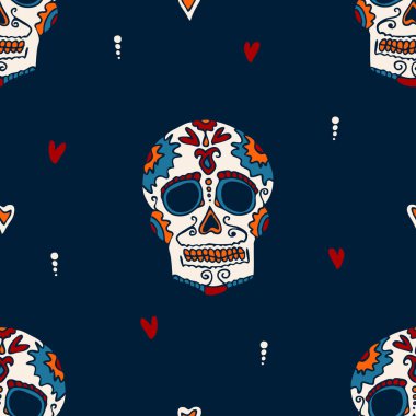 Koyu mavi arka planda elle çizilmiş kafatası ile kusursuz vektör deseni. Ölü duvar kağıdı tasarımının basit bir günü. Dekoratif insan iskeleti moda tekstili.